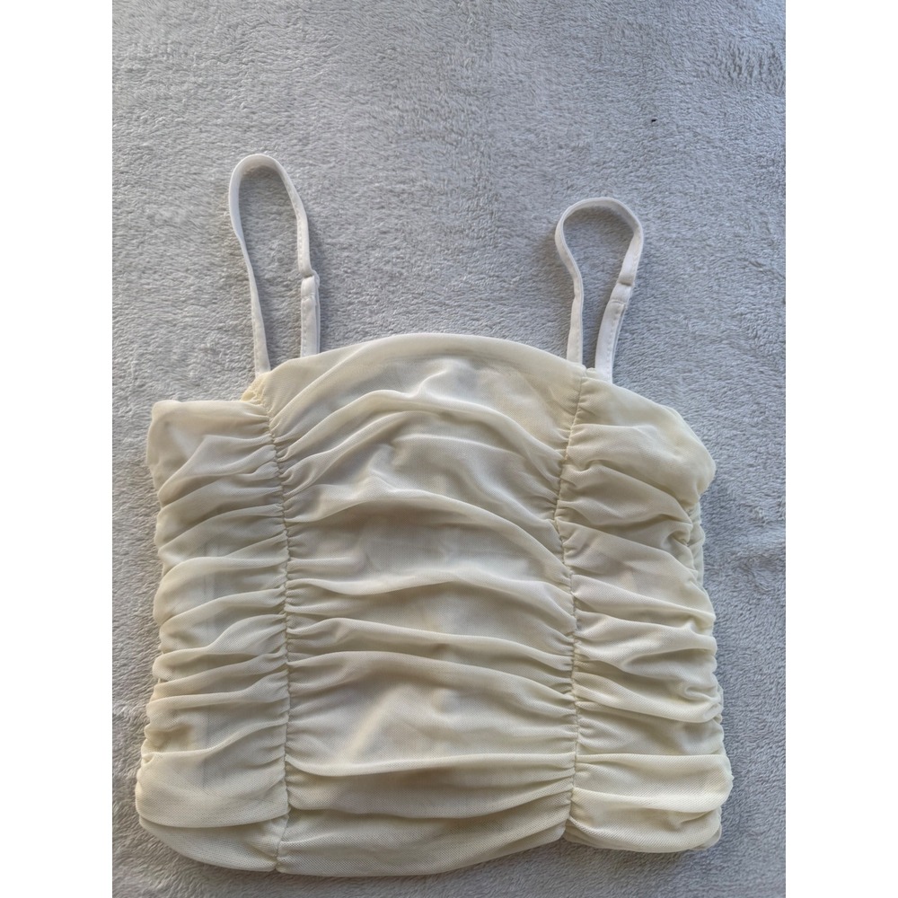 Unbranded Y2K Ruched Mesh Camisole Top Womens Cream Sheer Overlay Cropped Tank